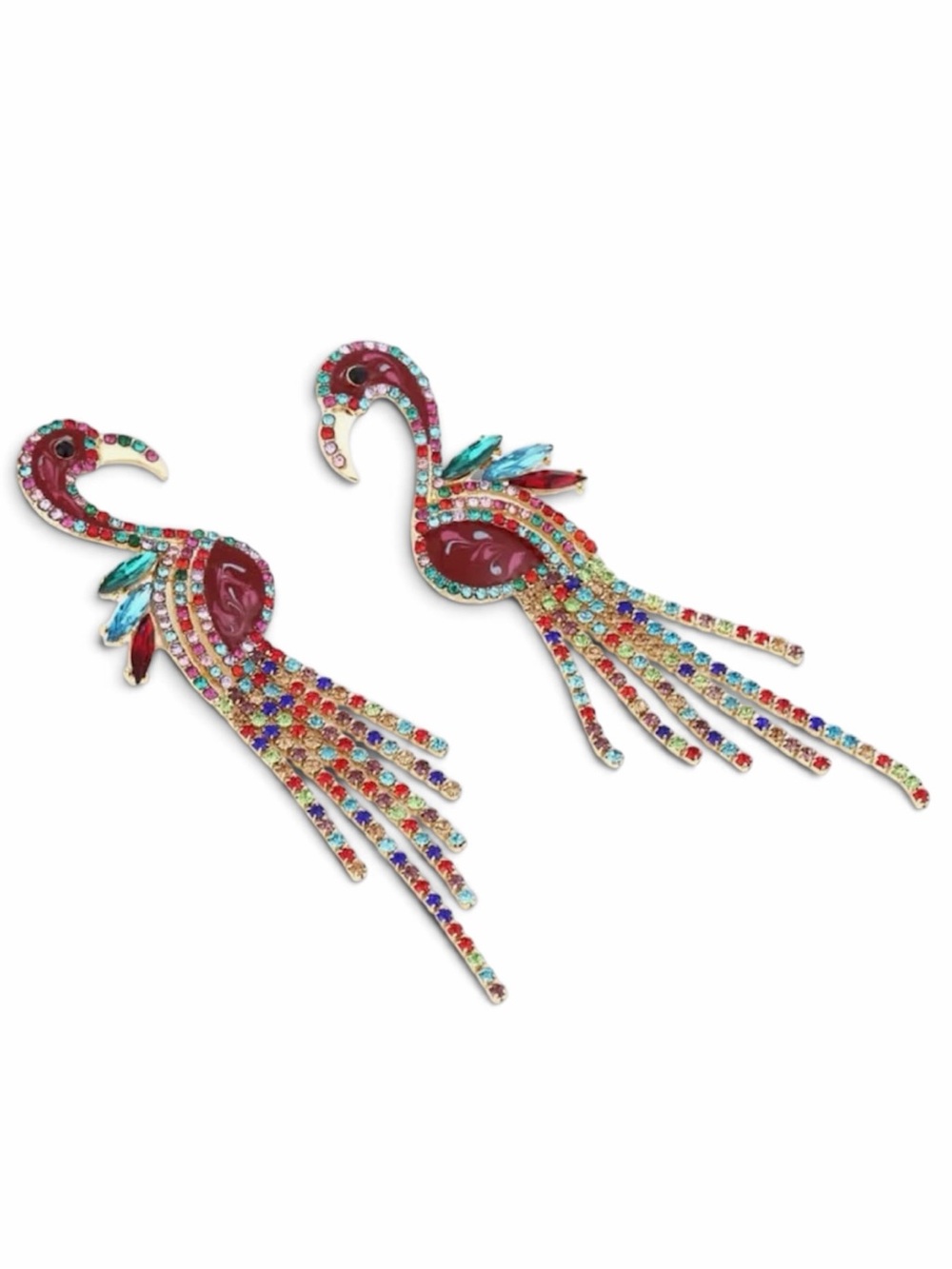 Multicolored Tropical Dangle Tassel Drop Flamingo Bird Rhinestone Earrings - Picture 3 of 4